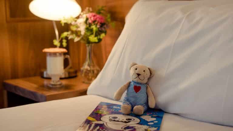 Teddy Bear & Colouring Book placed on a bed at the Osprey Hotel, Naas